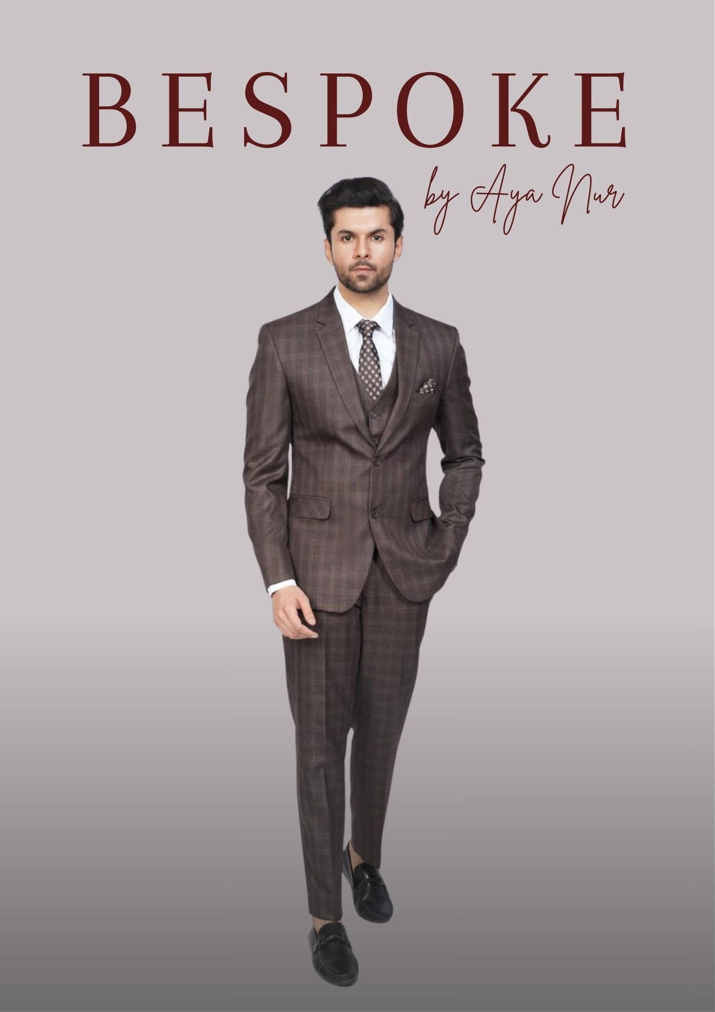 Mocha bespoke brown checkered 3 piece suit tailored in the UK