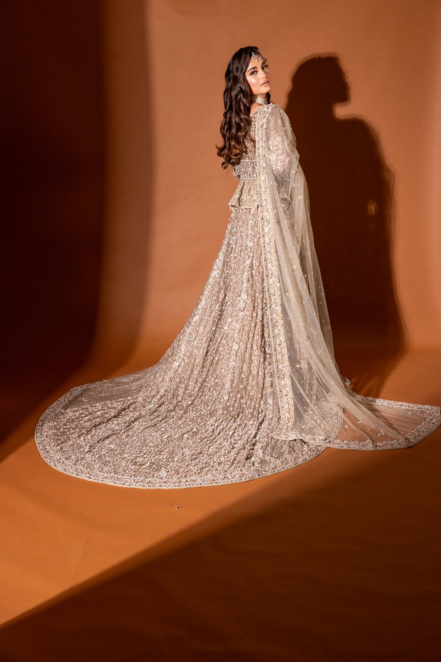 Allure peplum top and lehnga bridal set back view – bespoke Pakistani bridal wear UK