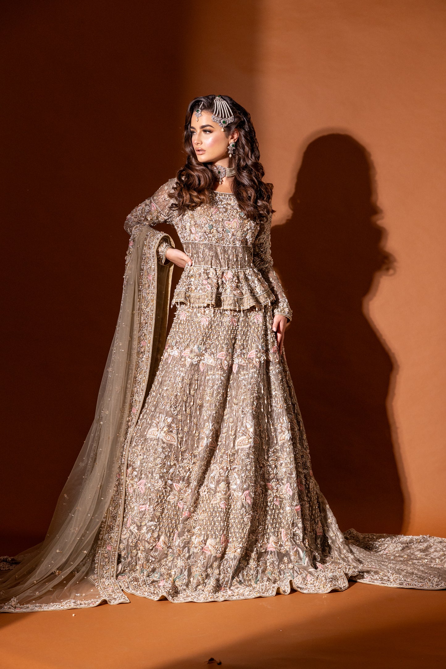Allure peplum top and lehnga bridal set front view – bespoke Pakistani bridal wear UK