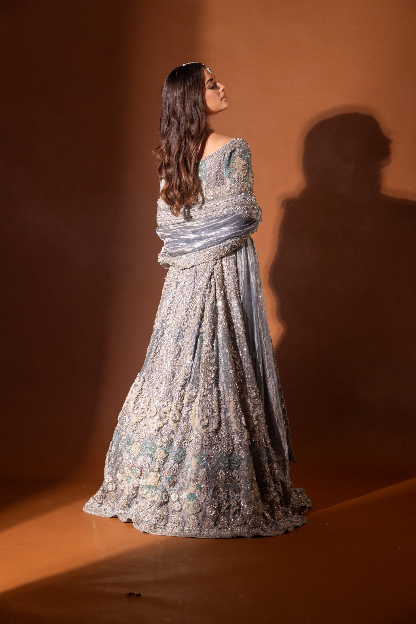 Back view of Azure pure Indian tissue bridal outfit with bespoke embroidery by Aya Nur