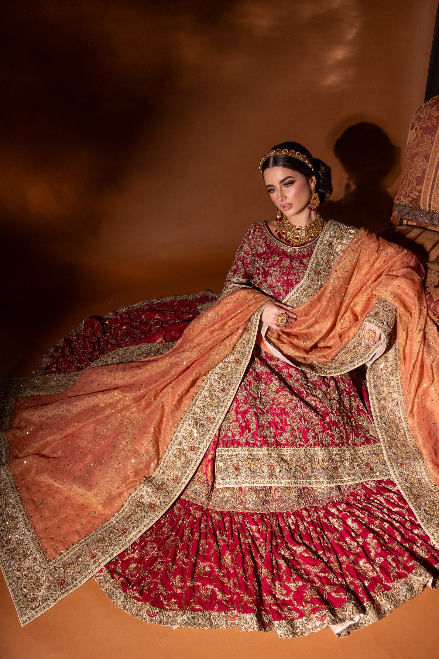 Blush bridal set side view – luxury customisable farshi lehnga London