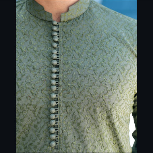 Olive khaki green embroidered men’s shalwar kameez close up view – bespoke wedding wear UK