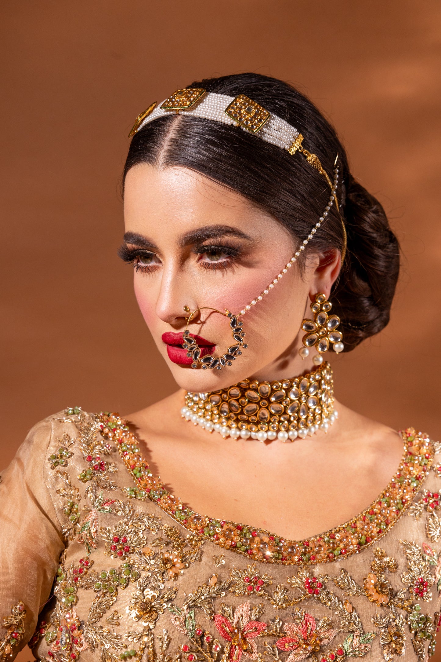 Regalia Champagne Gold Lengha Choli with bespoke embroidery by Aya Nur