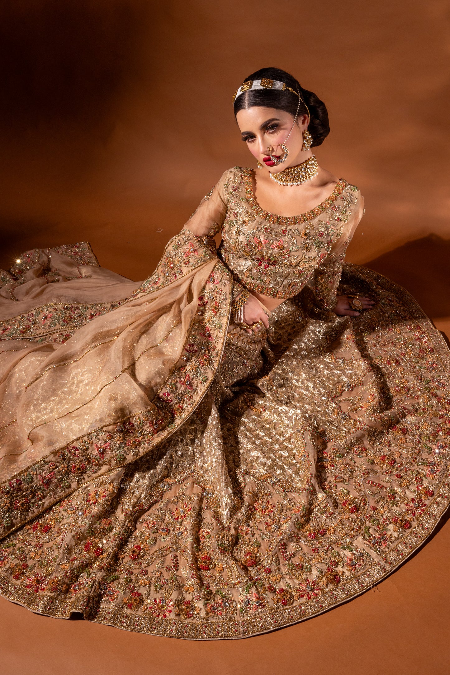 Regalia Champagne Gold Lengha Choli with bespoke embroidery by Aya Nur