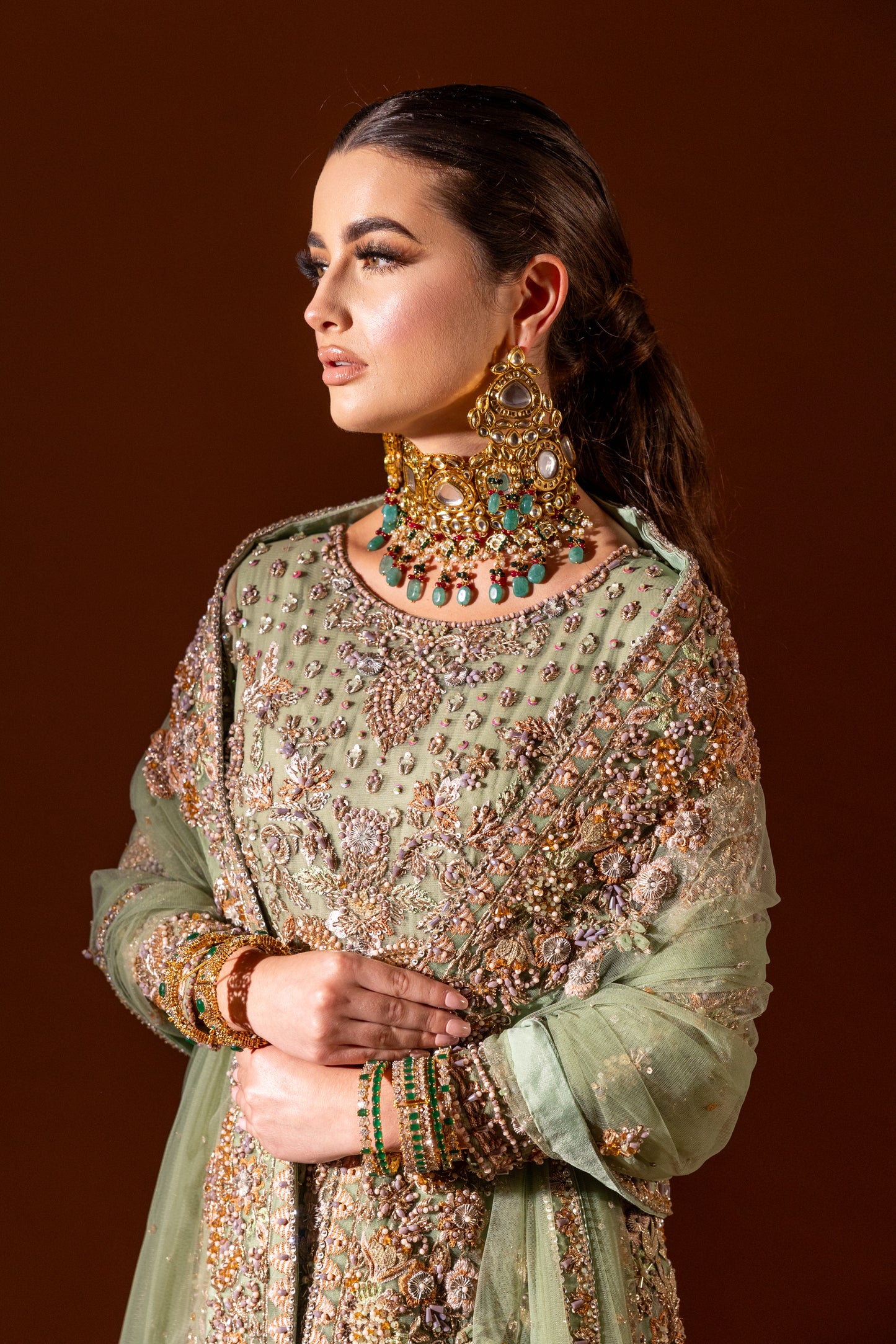 Verdant soft net bridal gown with bespoke embroidery by Aya Nur – close up