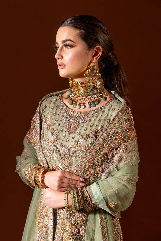 Verdant soft net bridal gown with bespoke embroidery by Aya Nur – close up