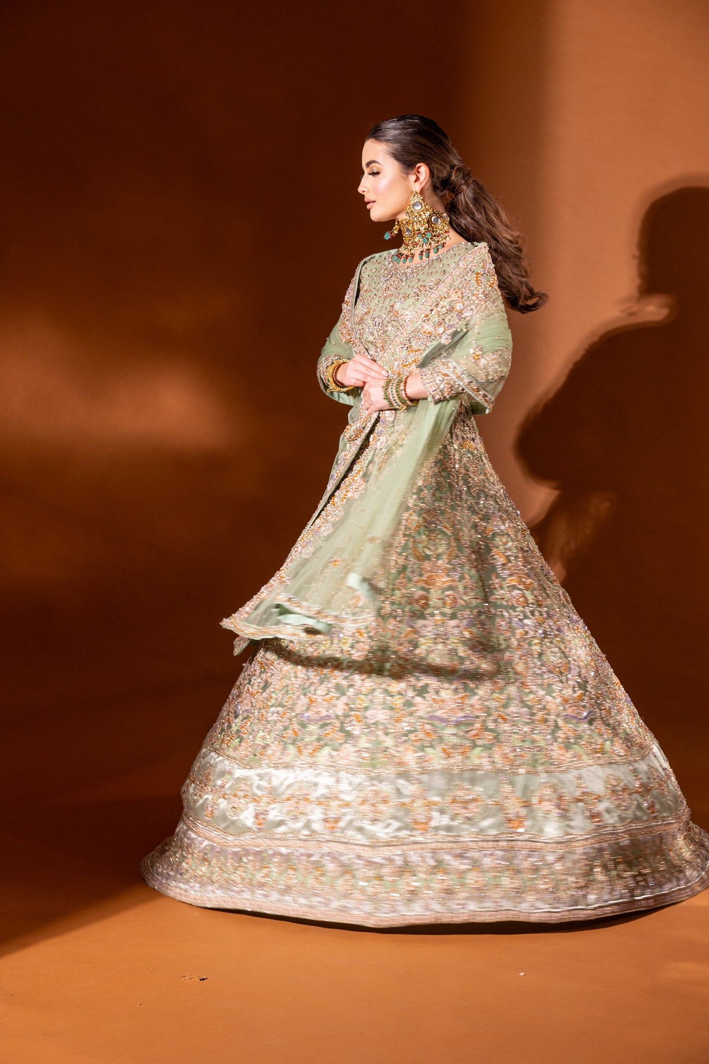 Verdant soft net bridal gown with bespoke embroidery by Aya Nur – side view