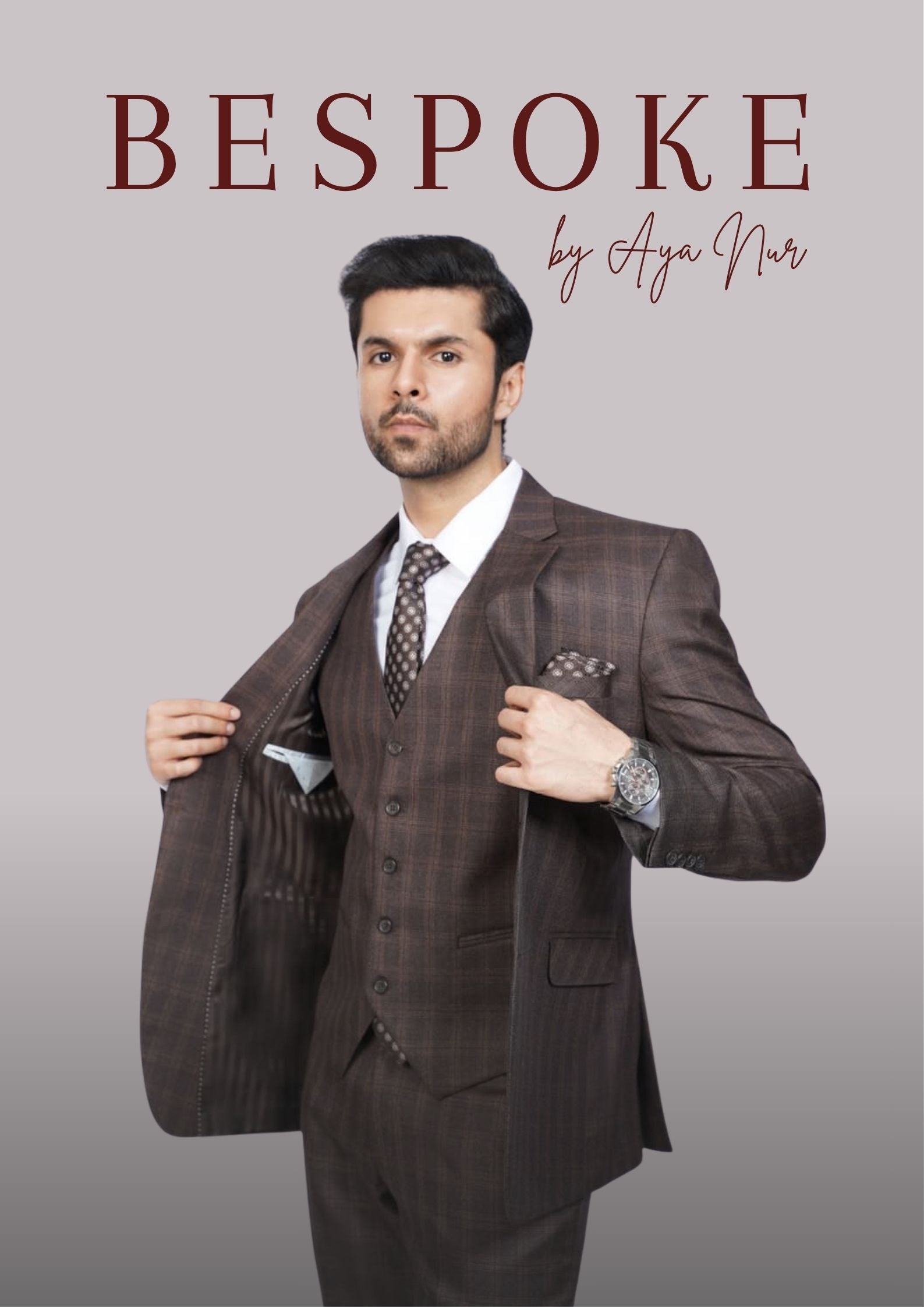 Mocha bespoke brown checkered 3 piece suit tailored in the UK