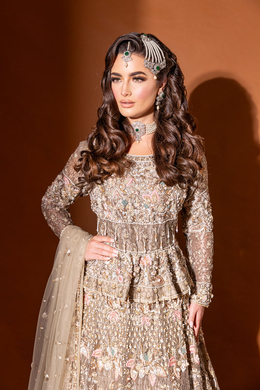 Allure peplum top and lehnga bridal set front view close – bespoke Pakistani bridal wear UK
