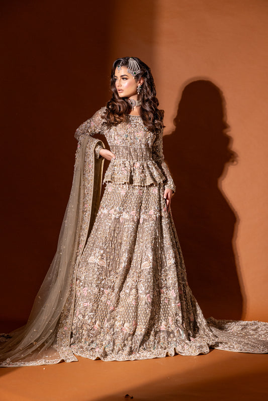 Allure peplum top and lehnga bridal set front view – bespoke Pakistani bridal wear UK