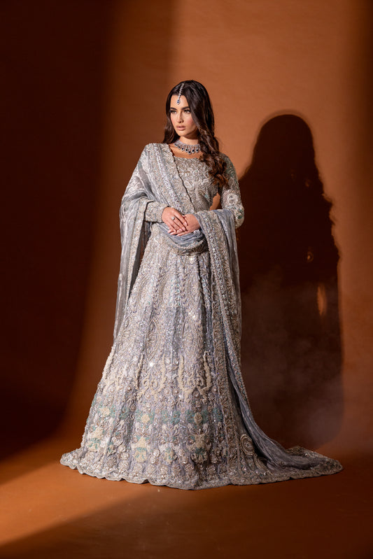 Azure pure Indian tissue bridal outfit with luxury embroidery by Aya Nur – front view