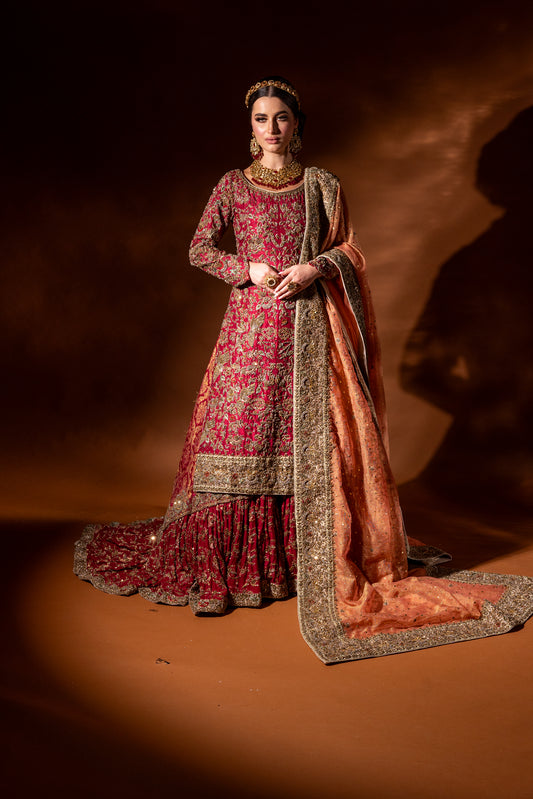 Blush farshi lehnga bridal set front view – bespoke Pakistani bridal wear UK