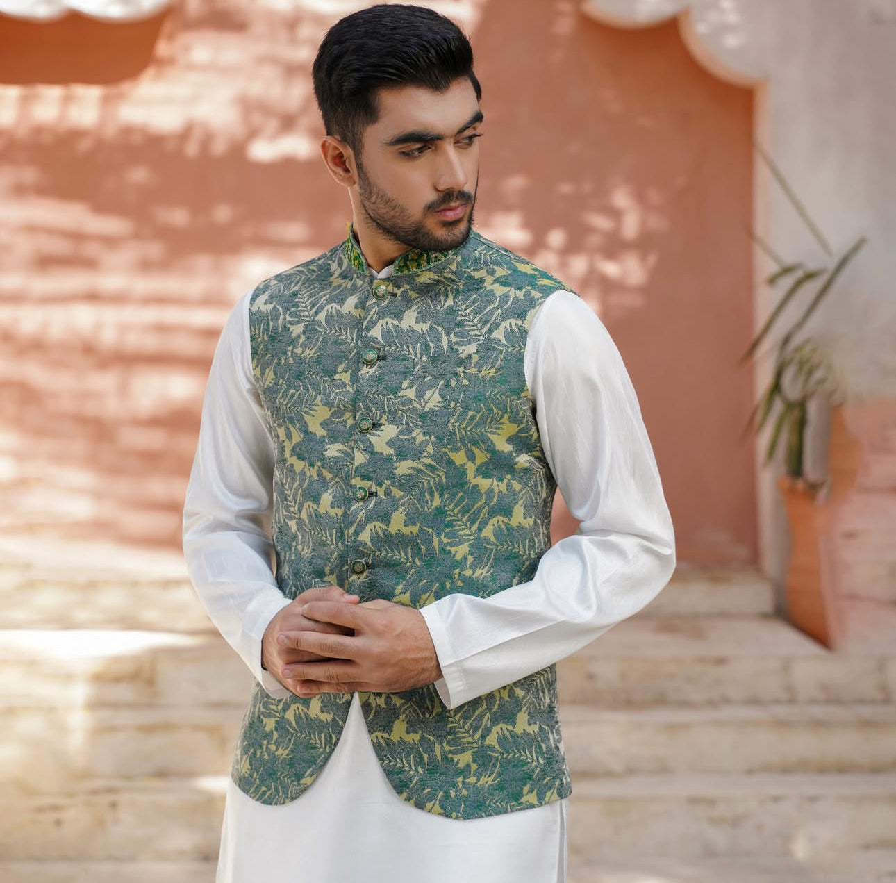 Botanica green leaf print men’s waistcoat – bespoke Mehndi waistcoat UK