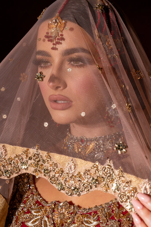 Crimson luxury Pakistani Farshi Lengha in traditional deep red with bespoke embroidery by Aya Nur