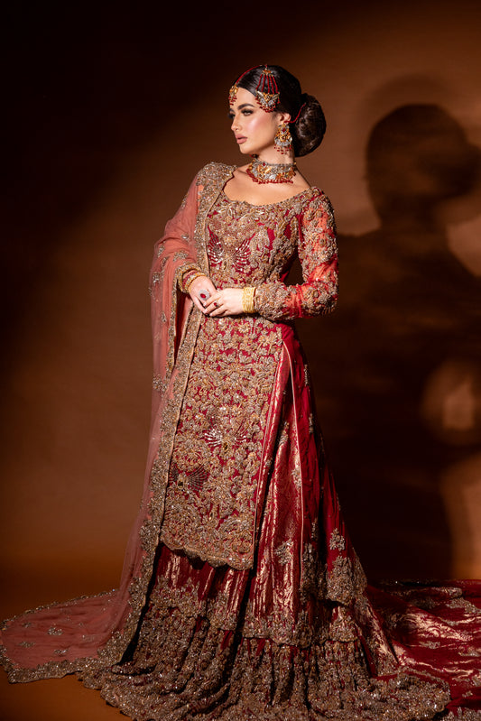 Crimson luxury Pakistani Farshi Lengha in traditional deep red with bespoke embroidery by Aya Nur