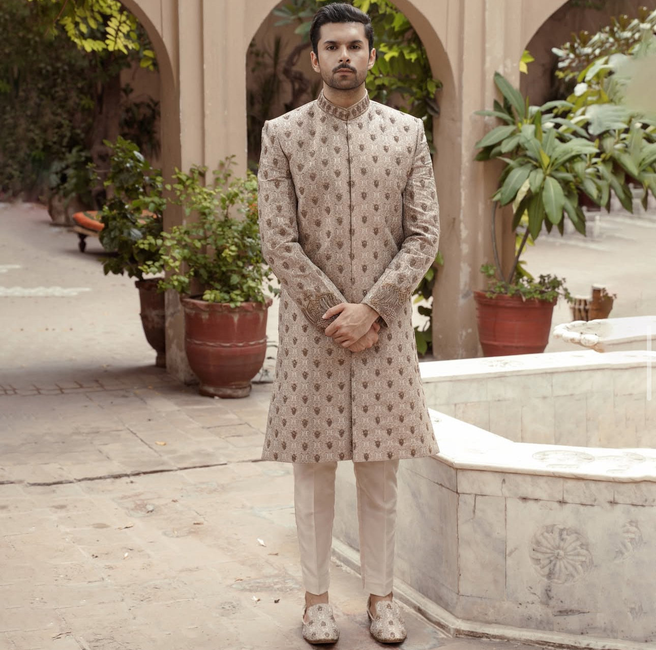 Emir – Ivory Gold Groom Sherwani | Bespoke Handcrafted Men’s Wedding Sherwani UK