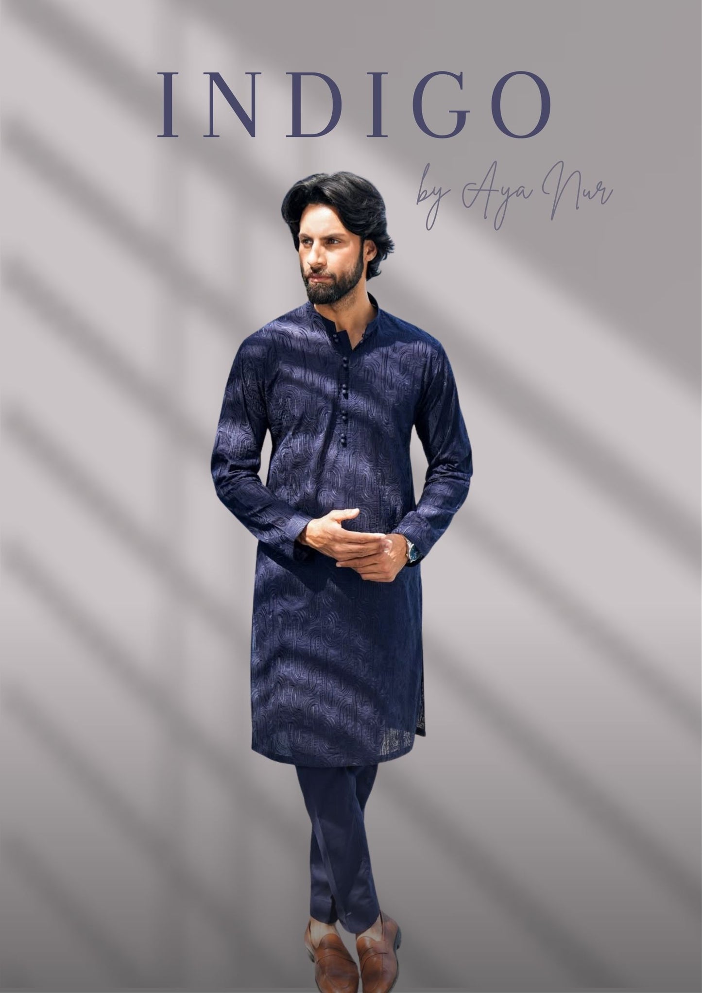 Indigo navy embroidered kurta and trouser for men – luxury tailored outfit by Aya Nur