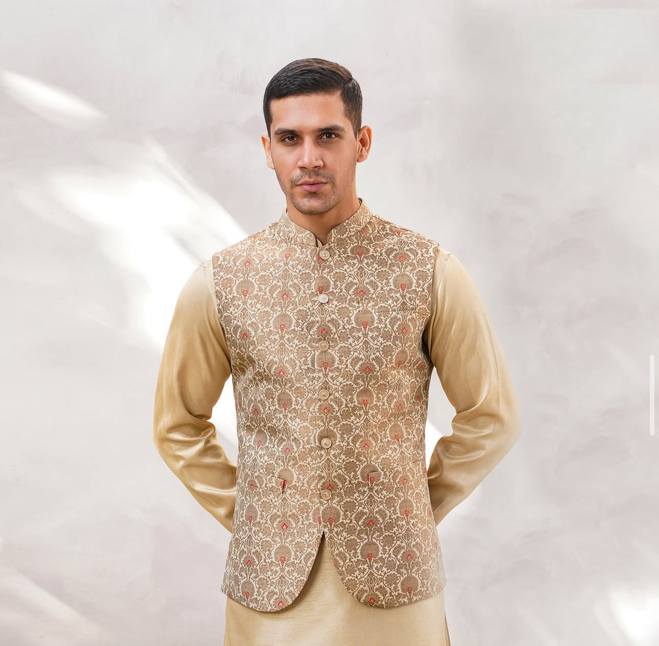Regal gold men’s waistcoat front view – bespoke tailored waistcoat UK
