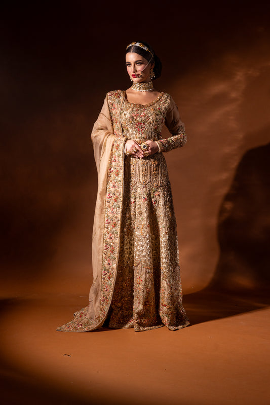 Regalia Champagne Gold Lengha Choli with bespoke embroidery by Aya Nur