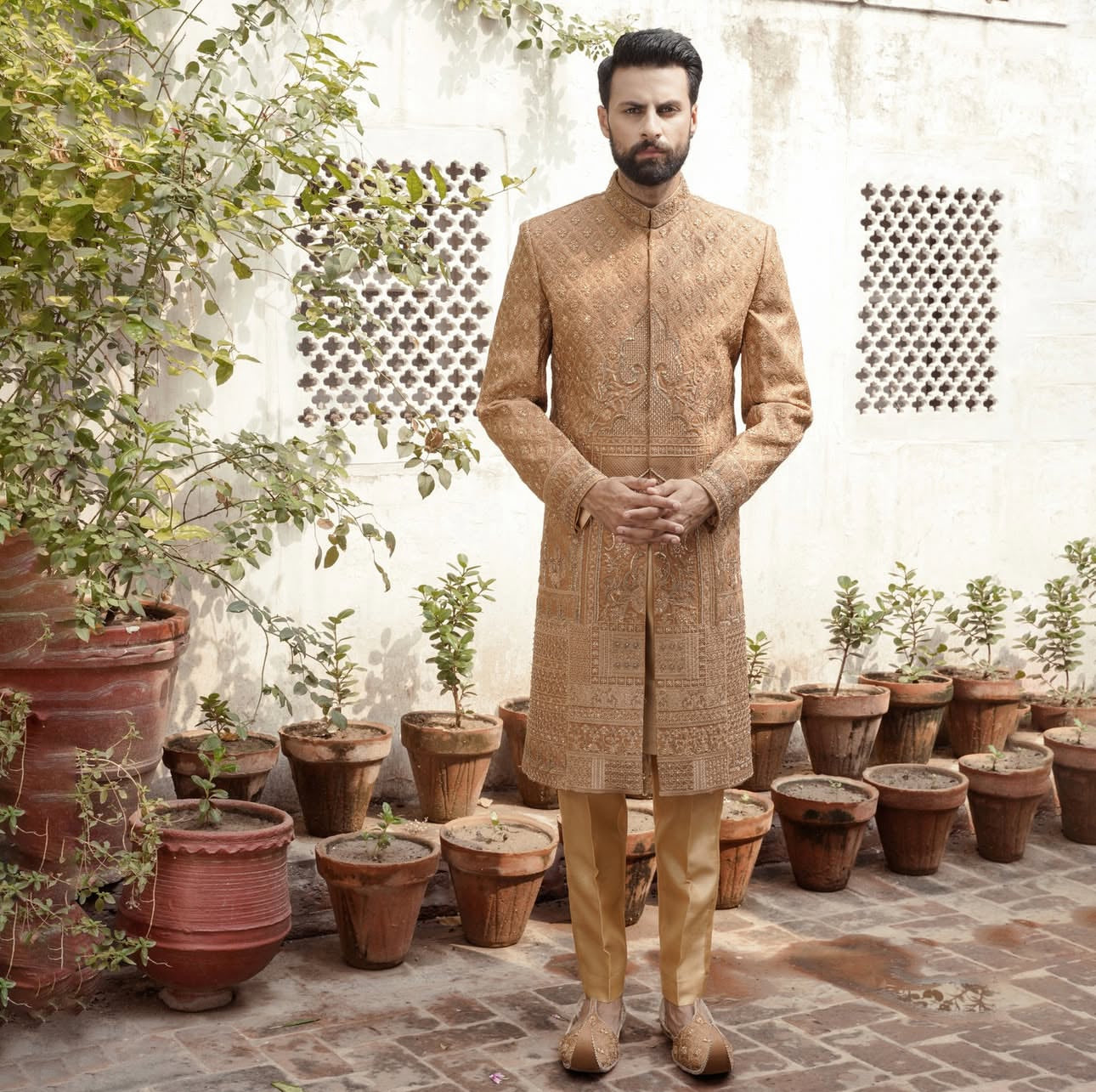 Sultan – Camel Gold Sherwani for Grooms | Bespoke Handcrafted Men’s Wedding Sherwani UK